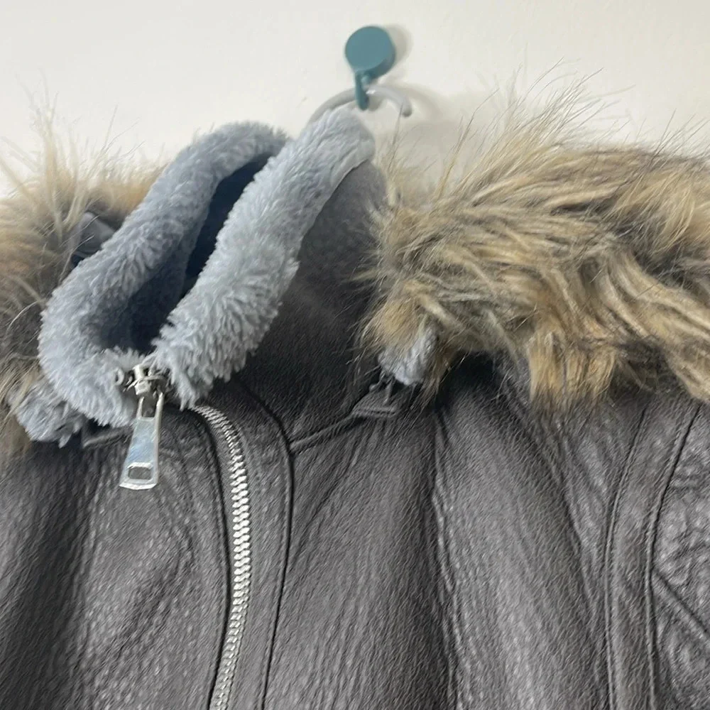 Robert Phillipe Gray Faux Leather Kids Coat Jacket with Fur Hood Size 12‎